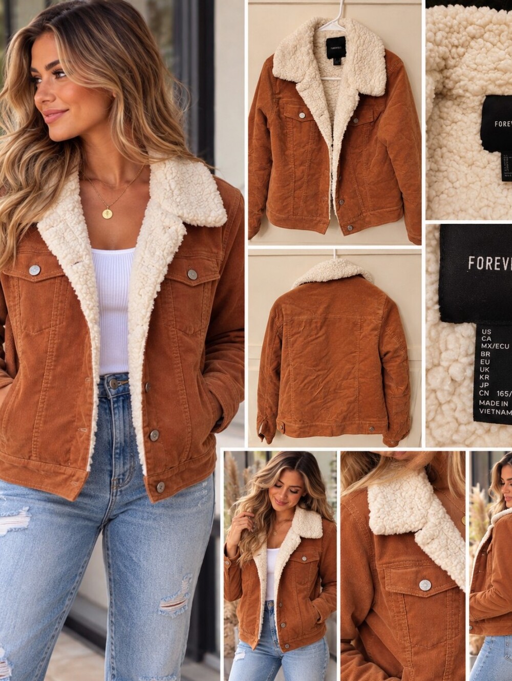 Forever 21 Brown Corduroy Sherpa Lined Trucker Jacket Size M Cozy Fall